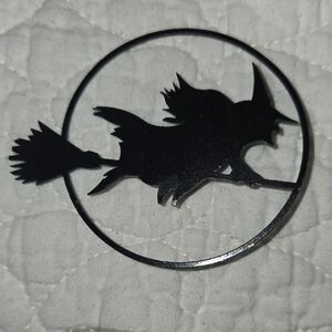 Black Witch on Broomstick Metal Laser Cut  Brooch Art Work By Robert Sims